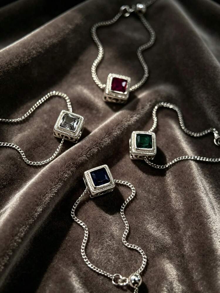 925 Sterling Silver Vintage Beaded Princess Cut Cubic Zirconia Soft Chain Ring | Adjustable Thin Chain Ring | Luxury Colorful Faux Gemstone Finger Ring, Daily Layering Jewelry - Clear - View 4