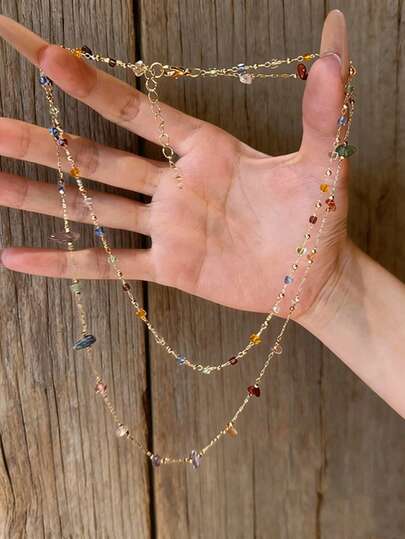 1pc Women's Multi-Layer Colorful Beaded Necklace, Gold Tone Chain Necklace, Bohemian Style Gemstone Jewelry, Exquisite Personalized Necklace, Suitable For Vacation And Party