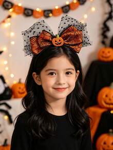 1Pc Halloween Sequined Ear Headband, Bow With Pumpkin, Skull, Bat & Spider Decorations, Cosplay Party Costume Hair Accessory - Multicolor - View 1