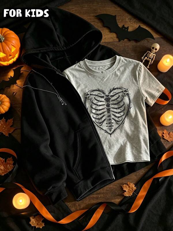 Kids Halloween Casual Fall 2pcs Outfit, Soft Cotton‑Feel Zip Hoodie Jacket & Skeleton Ribcage Heart Print Graphic Tee