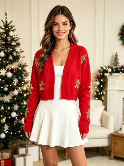 HOMEYEE Cárdigan de punto con cuello en V, hombre de jengibre rojo brillante, patchwork aterciopelado, corto, cintura alta, suelto, manga larga, chaqueta suéter con ambiente navideño y de Año Nuevo para mujer