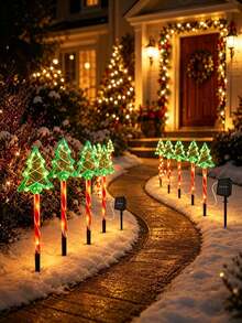 1Set(5Pcs) Green Solar Christmas Tree Stake Lights, LED Candy Cane Ground Plug Lamps, Waterproof Outdoor Pathway Landscape Lights For Yard Lawn Patio Xmas Holiday Decor - Multicolor - View 5