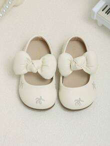 Toddler Little Girls Bow Decor Mary Jane Flats, Soft Non-Slip Sole Dress Shoes For Daily Party - Beige - View 3