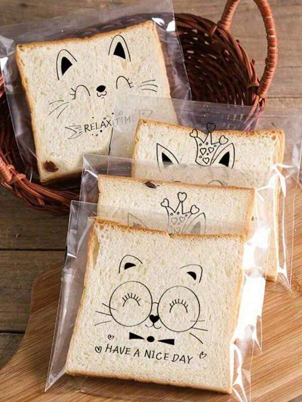 100pcs Cute Cartoon Transparent Self-Adhesive Bread Bags, Reusable Bean Paste Pineapple Bun, Toasted Bread, Whole Wheat Bread Self-Sealing Packaging Bags, Cookie Bags, Food Bags, Packaging Bags, Food Storage Bags, Suitable For Any Food, Saudi Arabia National Day Table Decoration And Distribution
