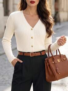 DONICY Women's Cream V Neck Vintage Gold Button Ribbed Slim Cropped Knit Sweater Cardigan, Stretchy Fitted Layering Jacket For Spring Fall Daily Wear - Apricot - View 6