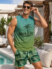 Men's Ombre Palm Tree Print Sleeveless Tank Top And Shorts Set, Suitable For Summer Vacation And Daily Wear - Green - View 1