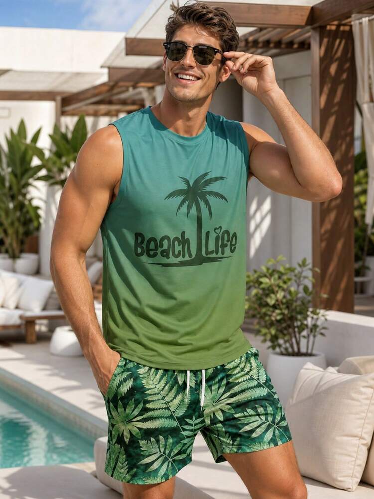 Men's Ombre Palm Tree Print Sleeveless Tank Top And Shorts Set, Suitable For Summer Vacation And Daily Wear - Green - View 1
