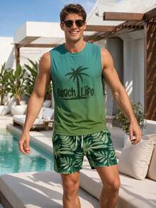 Men's Ombre Palm Tree Print Sleeveless Tank Top And Shorts Set, Suitable For Summer Vacation And Daily Wear - Green - View 3