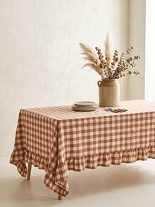 1pc Brown And White Large Plaid Ruffle Edge Tablecloth, Rustic Country Style Rectangular Same-Color Ruffle Edge Pleated Detail Decorative Functional Dining Tablecloth Suitable For Family Gatherings And Rustic Home Decor Scenes - Khaki - View 1