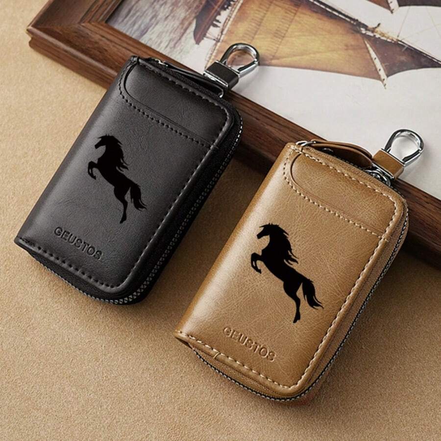 Galloping Horse Silhouette Key Fob Case Crossgrain Leather Zipper Keychain Wallet With Silver Metal Hook - Multicolor - View 1