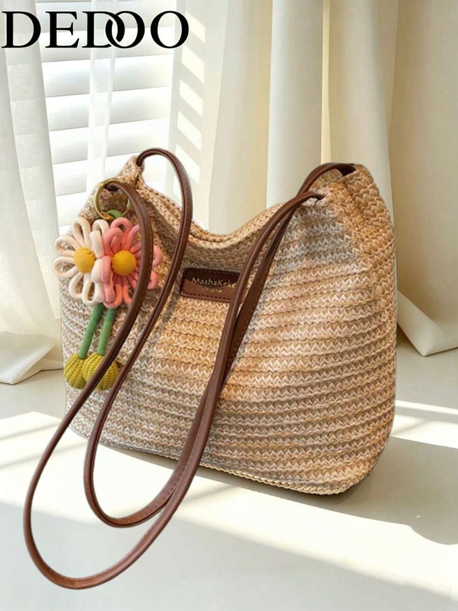 Dedoo Fashionable Woven Straw Bucket Bag, Rainbow Striped Beach Vacation Women's Handbag, Convertible Shoulder Underarm Bag, Comes With Random Charm