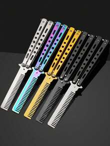 1pc Butterfly Practice Comb Foldable Men's Steel Comb Training Tool Flip Knife Comb Unsharpened Stainless Steel Suitable For Outdoor Beginners - Multicolor - View 2