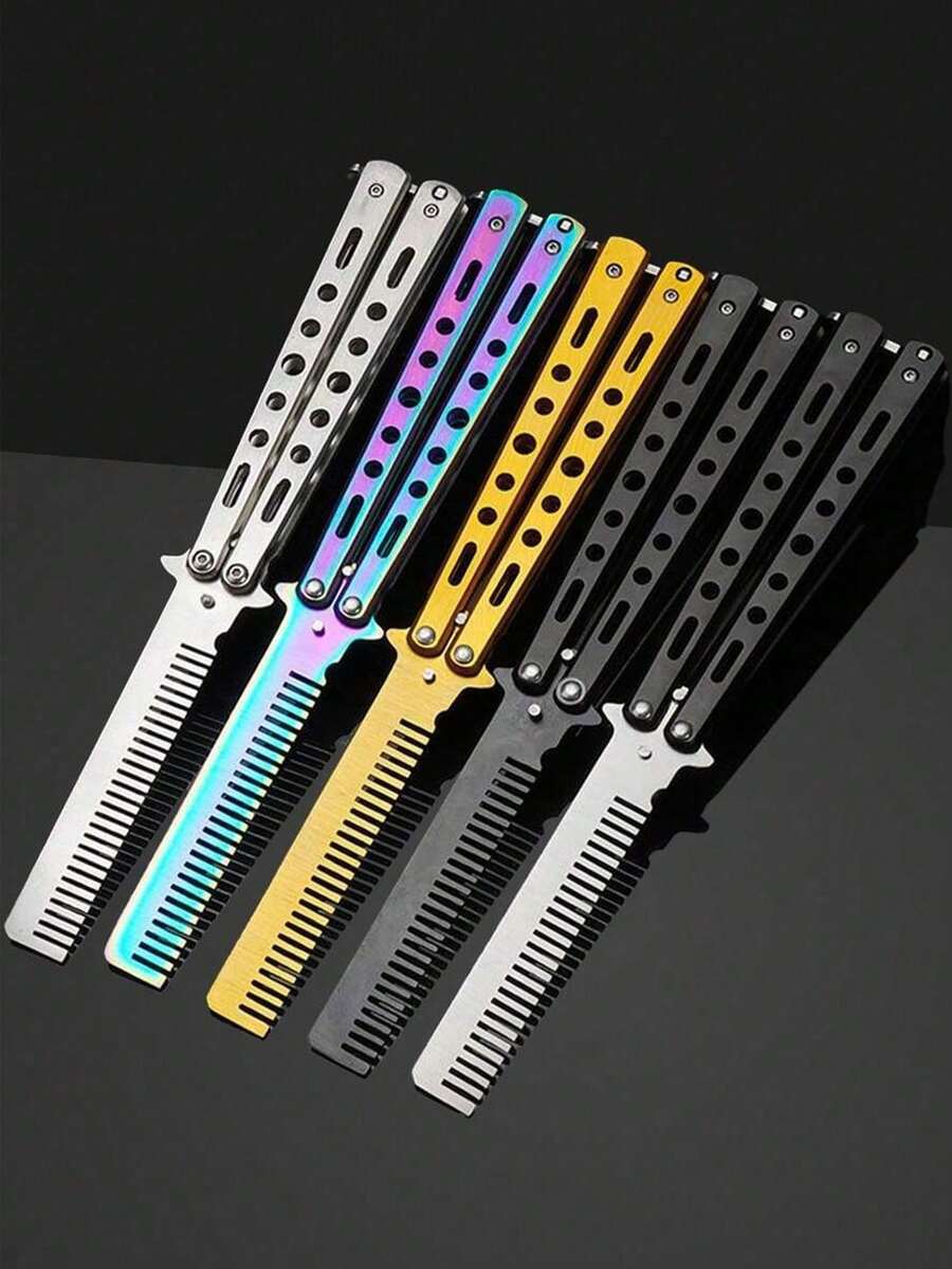 1pc Butterfly Practice Comb Foldable Men's Steel Comb Training Tool Flip Knife Comb Unsharpened Stainless Steel Suitable For Outdoor Beginners