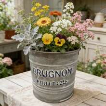 French Vintage Distressed Iron Planter, Retro Metal Flower Bucket, Garden Balcony Decor Planter, Distressed Iron + Vintage Letter Print, Suitable For Garden, Balcony, Homestay And Other Scenes - New Model - View 2