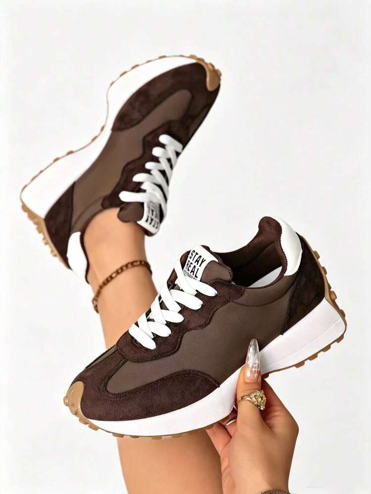 SOCTU Women's Round Toe Colorblock Fashion Lace-Up Thick Sole Student Style Height-Increasing Casual Comfortable Running Sports Shoes - Brown - View 1