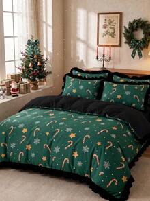 2/3pcs Ruffled Duvet Cover Set, Christmas Bedding, Green Candy Cane Snowflake Star Print Bedding Set, Cozy Room Decor, Skin-Friendly & Breathable, Supersoft& Anti-Pilling, No Insert, Fits Twin Full King Queen, All Seasons, Machine Washable - Multicolor - View 8