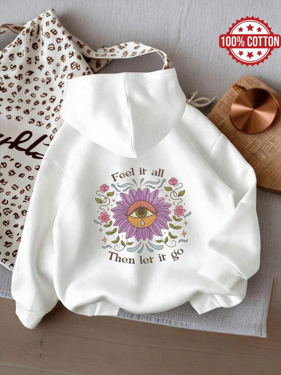 Oversized Women's Sweatshirt For Autumn And Winter, Long-Sleeve Hoodie With Pockets, Casual Top, Y2k Style, Daily Letter Slogan Graphic, White Unisex - White - View 1