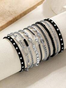 10pcs Punk Dark Style Multi-Layer Bracelet Set, Mixed Silver Metal Chains, Black And Silver Contrast Cool Look, Suitable For Streetwear - Black - View 2