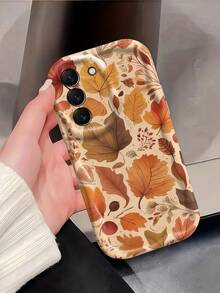 1pc Cream Wavy Ins Shockproof Anti-Drop Protective Phone Case, Beautiful Autumn Maple Leaf Phone Shell, Vintage Autumn Dried Leaf Print Soft TPU Shockproof Protective Phone Case, Compatible With Android Devices Anti-Drop Protective Shell For Samsung, Series Phones - White - View 3
