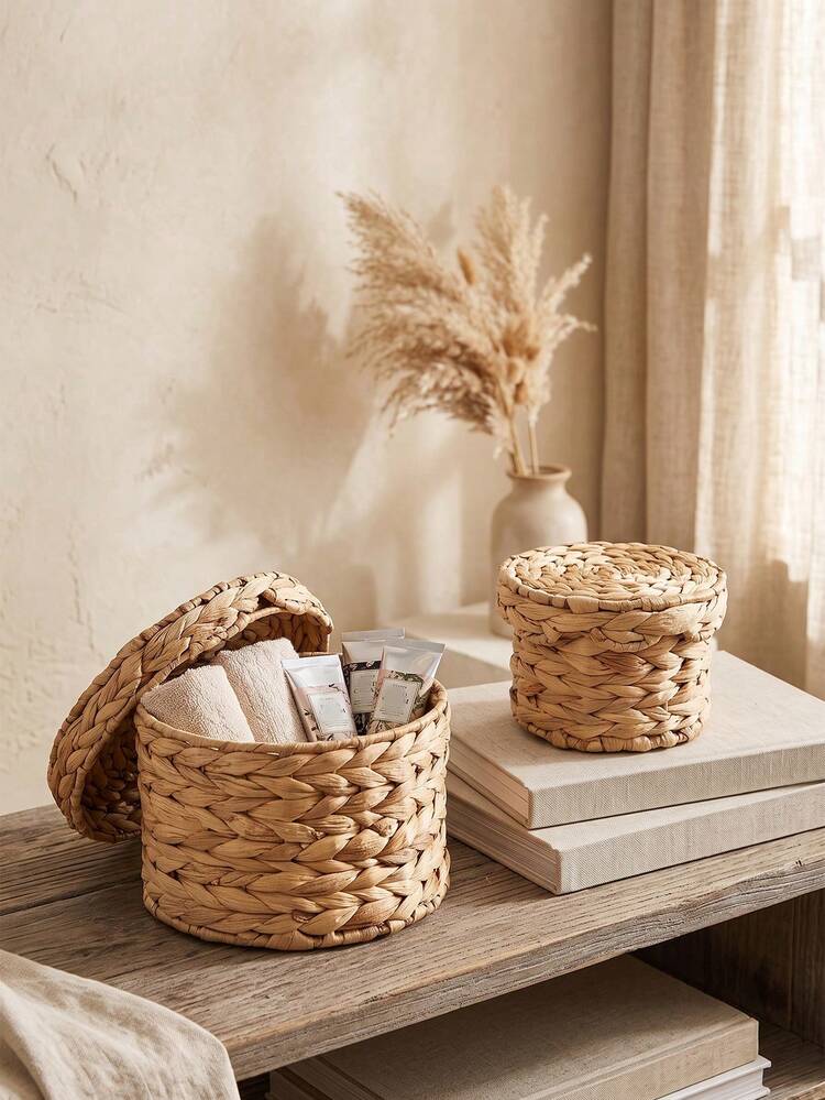 2pcs/1pc Round Storage Basket Handwoven Water Hyacinth Lidded Rattan Basket For Living Room Shelf Organization Bathroom Paper Miscellaneous Storage Tabletop Catchall For Toys Keys Cosmetics Decorative Woven Container Perfect For Home Decor And Clutter Management Solution - Round - View 1