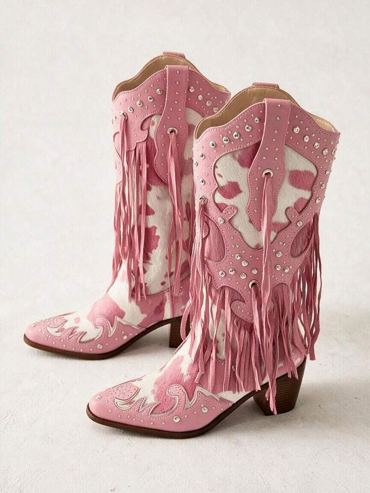 Women's Western Cowboy Boots Embroidered Leather Boots 2026 New Summer Brown Vintage Hollow Out Knight Boots - Pink - View 5