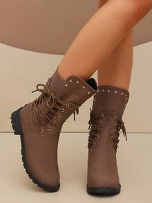 Fashionable Western Boots, Brown Lace-Up Mid-Calf Boots. Rivet Decor Side Zipper Non-Slip Thick Sole Autumn/Winter Workwear Style Casual Women's Boots. Back Zipper Lace-Up Design Motorcycle Boots - Rust Brown - View 4