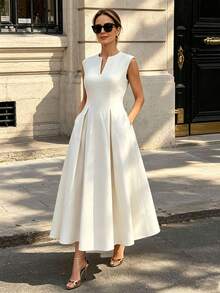 Solid Color Minimalist Hollow Out Slit V-Neck Sleeveless Waist-Cinching Midi Dress, Elegant Style - Beige - View 1