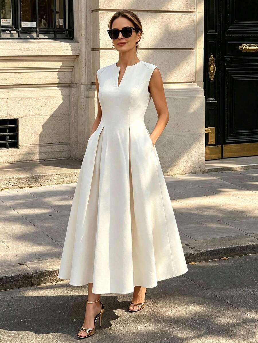 Solid Color Minimalist Hollow Out Slit V-Neck Sleeveless Waist-Cinching Midi Dress, Elegant Style - Beige - View 1
