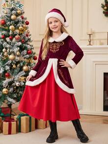 Vihyde Tween Girls Christmas New Arrival 2 Pieces Outfit, Luxe Velvet Faux Fur Trim Gold Embroidery Midi Dress With Christmas Hat Set - Burgundy - View 1