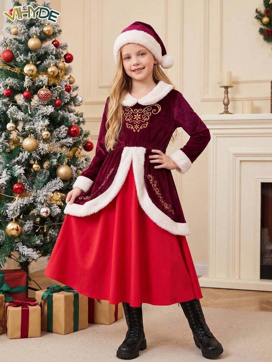 Vihyde Tween Girls Christmas New Arrival 2 Pieces Outfit, Luxe Velvet Faux Fur Trim Gold Embroidery Midi Dress With Christmas Hat Set - Burgundy - View 1