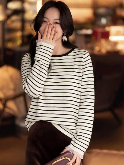 Korean Style Black & White Contrast Striped Long Sleeve Knit Sweater Women Autumn/Winter Versatile Casual Loose Round Neck Pullover Slimming Fall