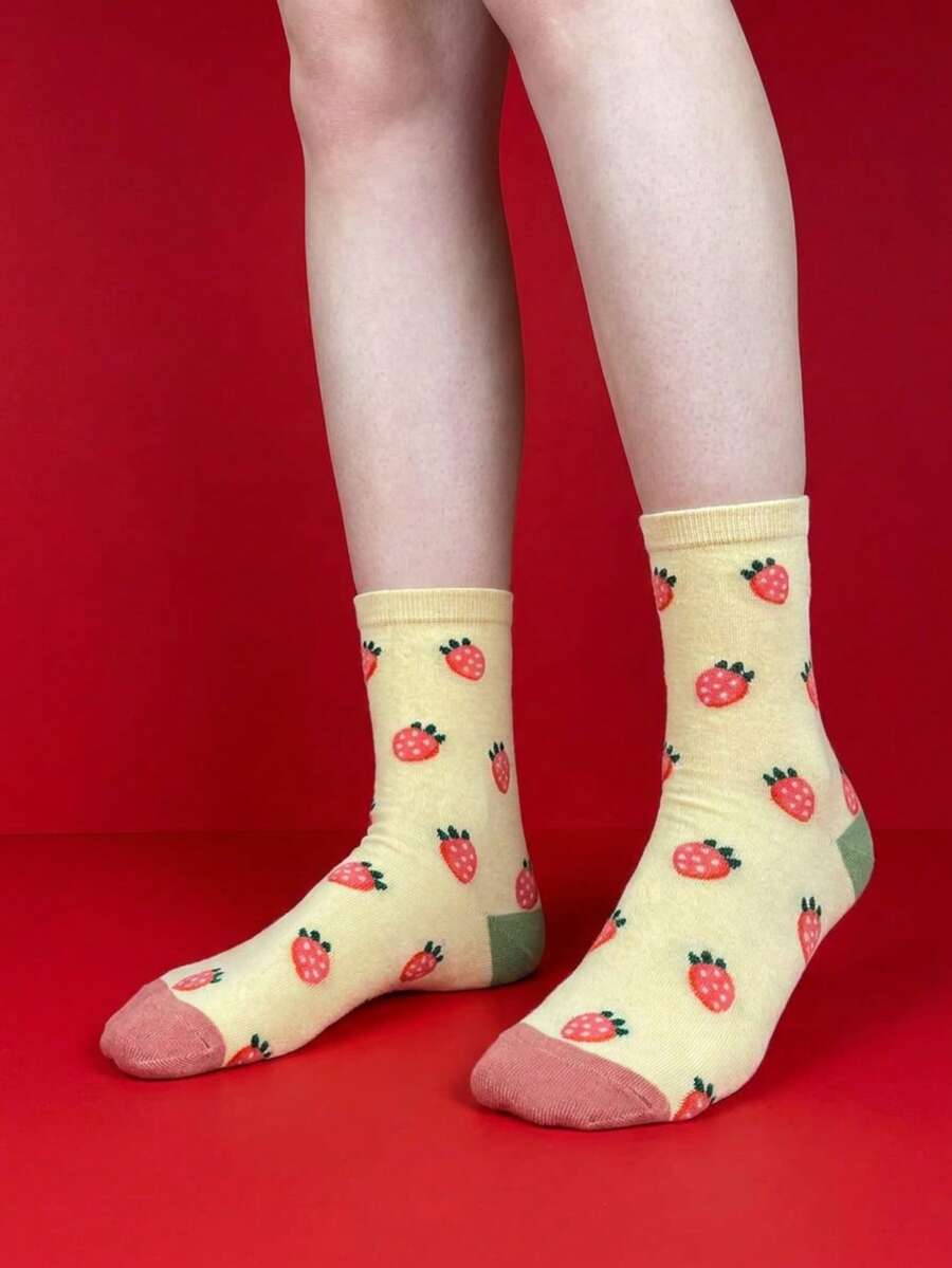 1 Pair Women's Mid-Calf Socks, Unisex Couple Socks, All-Season Regular Thickness, Cute Jacquard Casual Light Sports Socks, Fashionable Versatile Colorful Food Animal Vegetable Pattern - Multicolor - View 1