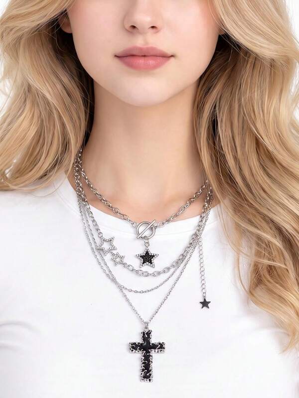 3pcs Rhinestone Star Cross Tassel Necklace For Women, Bling Atmosphere Super Shiny Zirconia High-End Niche Design Collarbone Chain Y2K Gothic Women's Necklace