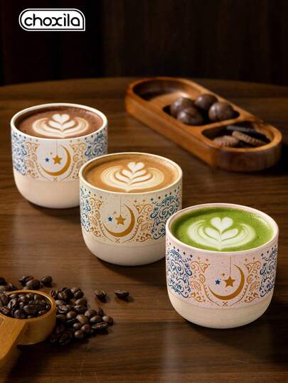 choxila 1pc Ramadan Patterned Coffee Cup, Coarse Pottery Star And Moon Textured Cup, Vintage Latte Latte Flower Hand-Held Strong Aroma Cup, Creative Host Cup, Italian Espresso Mug, 250ml, Ramadan Gift, Used For Afternoon Tea, Family Gatherings, Holiday Gifts
