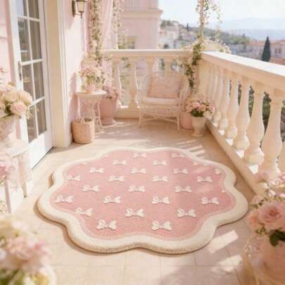1pc French Sweet Style Petal Shaped Rug, All-Over White Bow Print, Petal Wave Asymmetrical Shape Rug, Instantly Elevates Room Atmosphere, Hand-Cut With 1-5cm Error, Multi-Scene Applicable Decorative Rug, Bedroom Decor, Small Rug, Rug, Home Decor, Living Room Rug, Bedroom Rug, Outdoor Rug, Washable Rug