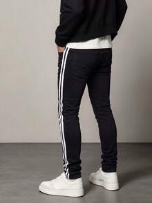 American Retro Slim Straight Fit Jeans, Pure Black With White Side Stripes, Slim Men's Casual Stretch Denim Long Pants - Black - View 5