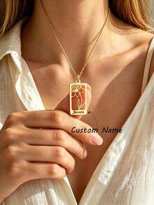 suteyi Exquisite Customized Name & Birth Flower Necklace, Personalized Engraved Hollow Floral Rectangular Pendant (18K Gold Plated), Suitable For Birthday, Valentine's Day Or Christmas Customized Commemorative Jewelry Gift - Gold - View 1