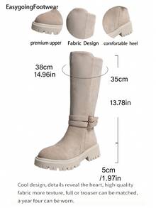 Beige Double Buckle Thick Sole Side Zipper Autumn/Winter Versatile Non-Slip Chunky Heel Tall Boots - Beige - View 9