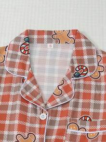 2pcs Comfortable Christmas Gingerbread Man Print Long Sleeve Collared Top And Bow Leggings Women's Pajama Set - Khaki - View 3