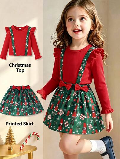 Conjunto de 2 piezas para niña, top casual 2 en 1 de manga larga con lazo 3D + falda de corte aleatorio con estampado "Christmas Gift" "Christmas Girl" "Snowflake", conjunto para exterior, adecuado para Navidad otoño/invierno