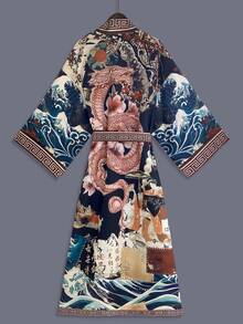 Mid-Length Kimono Yukata, Dragon Print, Waist Tie Design, Half Sleeve Open Collar Woven Fabric Robe - Black - View 4