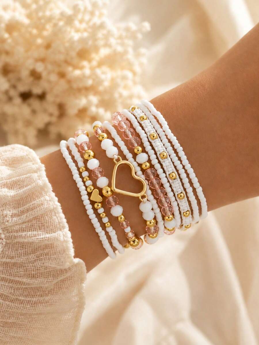 10pcs/Set Bohemian Style Handmade Seed Bead Hollow Heart Bracelet Set, Women's Jewelry Accessories - White - View 1
