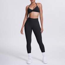 Set 2pcs Pakaian Yoga Wanita Tanpa Jahitan, Bra Olahraga Leher Halter & Legging Pengangkat Pinggang Tinggi untuk Latihan di Gym - Hitam - View 8