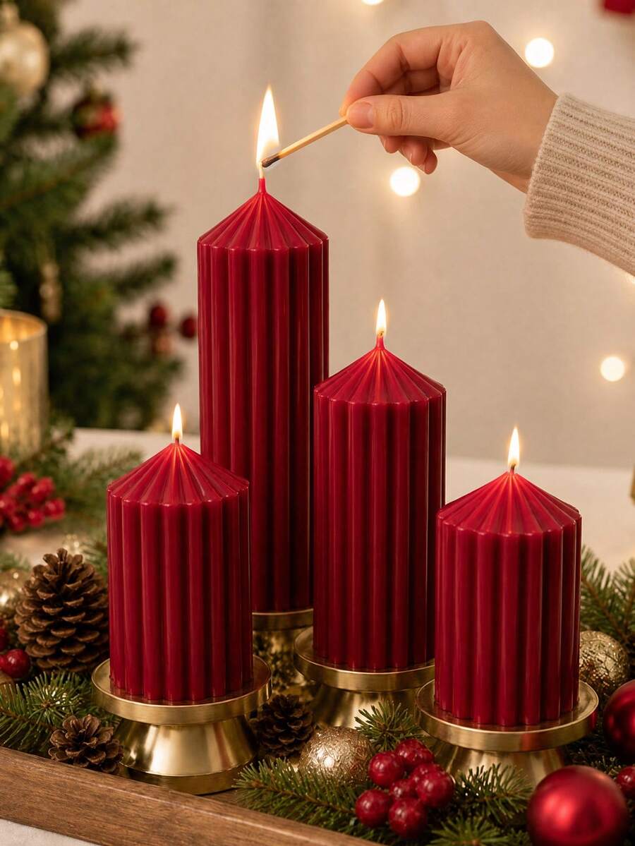 Christmas 4pcs Roman Column Scented Candle Set, Smokeless Scented Candles, Christmas Home Decor Candles, Halloween Decor Candles, Candle Centerpiece, Suitable For Home Decor Gifts - Coarse Gear Pointed Cylinder - View 1