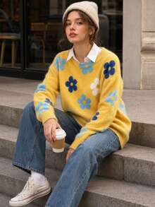 Women's Floral Print Ribbed Knit Pullover Sweater, Long Sleeve, Medium Stretch, Suitable For Autumn/Winter, Casual Fashion Autumn Style - Yellow - View 5