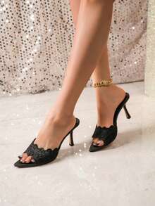 Lace Pointed Toe High Heel Mule Sandals, Sexy Open Toe Stiletto Heel Summer Slip-On Slides For Women, Elegant Outdoor Party Wear - Black - View 2