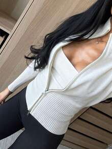 Women's Ribbed Knit Wool Cardigan, Double Zipper Stand Collar, Short Slim Fit, Medium Stretch, Suitable For Autumn/Winter Warm Wear White - White - View 2