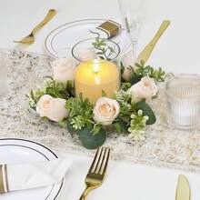 Artificial Flower Wreath Candle Holder Decoration, Wedding Table Centerpiece, White Rose Floral Arrangement Table Decor For Banquet - White - View 7