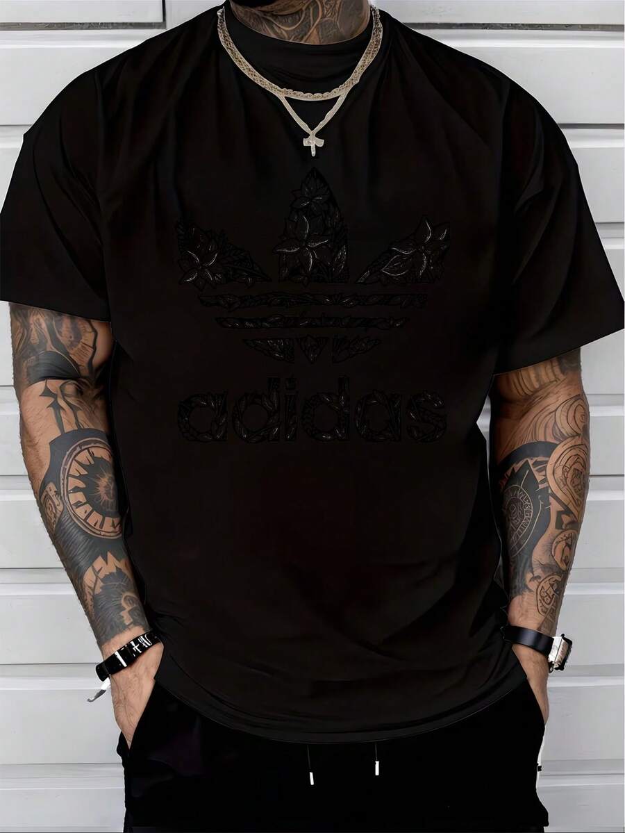 Men's Pure Cotton Short Sleeve T-Shirt Casual Summer Regular Fit Basic Tee Breathable Soft Everyday Wear Top - 黑色 - 查看 1