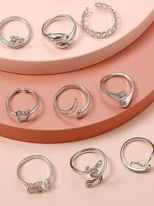 9 Pcs Adjustable Foot Ring Set Snake Butterfly Dragonfly Dolphin Heart Leaf Etc Shape Foot Ring Set For Women Girls - Silver - View 2